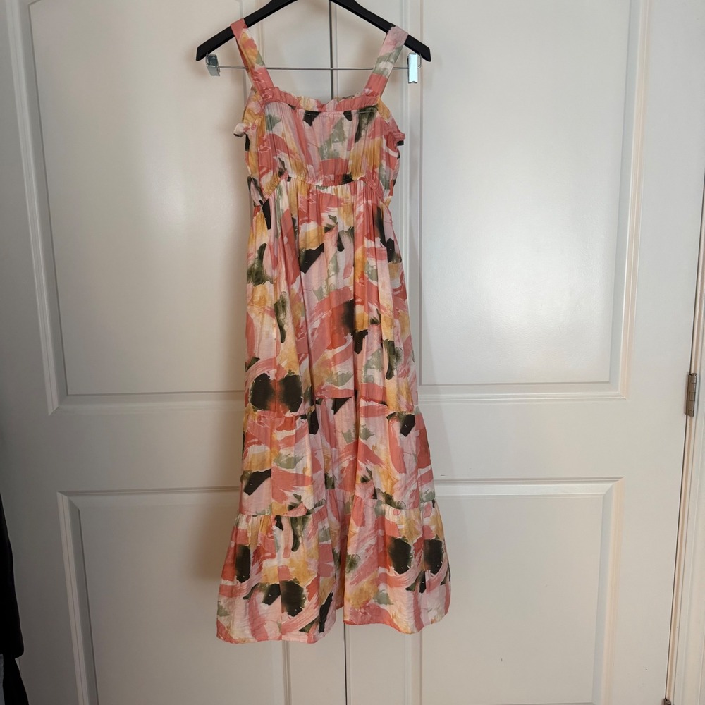 By the River Abstract Brushstroke Print Tiered Midi Dress Smocked Waist - Picture 3 of 3
